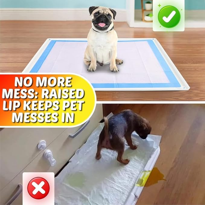 TidyFriend Dog Pee Pad Holder Tray Fits for 30” x 36” Pee Pads with Corner Lock Holes, Raised Edges, Non-Spill, Easy to Clean Silicone Dog Potty Tray Holder, For Indoor Floor Protection (White)