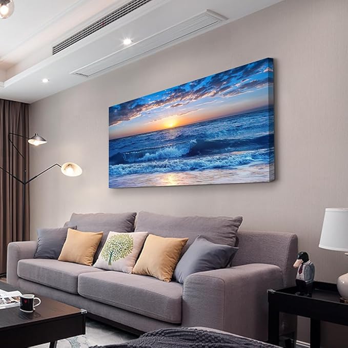 Lapremoly Large Wall Art For Living Room Canvas Wall Decor For Office Bedroom Wall Decorations Blue Ocean Beach Wall Painting Sunny Sea View Wave Wall Pictures Artwork Hotel Home Decor 30" X 60"