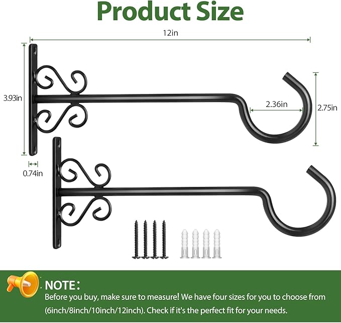 BOLITE Plant Hangers, 12 Inch Hanging Plant Brackets Outdoor or Indoor, Wall Hooks for Hanging Hummingbird Feeders, Bird Feeders, Planters, Lanterns, Wind Chimes, String Lights, 2 Pack, Black