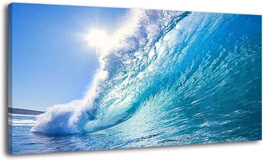 Rolling Ocean Waves Surfing Graphic Canvas Wall Art For Bedroom,Blue Tropical Seascape Artwork Decor,Rolling Wave Sea Landscape Picture Print Painting,Bracket Fixed Ready To Hang,Inner Frame (30x60)