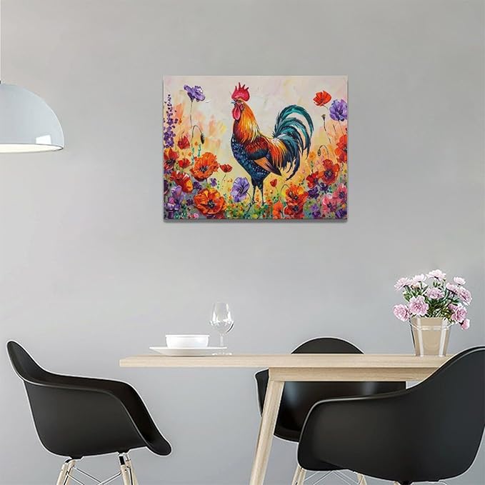 Rooster Wall Art Flower Poppy Canvas Living Room Pictures Framed Prints Colorful Floral Large Wall Decor Animal Painting Artwork for Bedroom Dining Home 16"x12"
