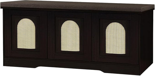 DINZI LVJ Shoe Bench, Entryway Storage Bench with Doors, Cushion, 2-Tier Shoe Rack with 6-Cubby, 39.4”L x 13.8”W Shoe Organizer Cabinet, Adjustable Shelf, Living Room, Bedroom, Espresso with Rattan