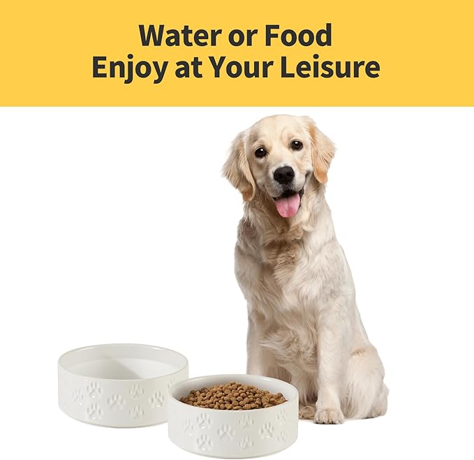 Ceramic Dog Bowl Set, 8.3" Food and Water Bowls with Anti-Slip Rings for Large Breed Dogs, 7.5 Cup Pet Dishes for Large-Sized Dogs, Dishwasher Safe (Double Bowls - White, 8 inch)