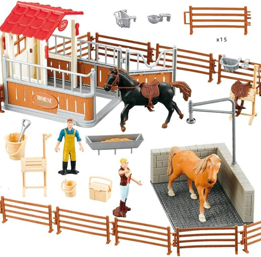 Peagrav Horse Stable Playset with Rider, Wash Area, Fence & Animal Figures - Gifts for Girls & Boys Aged 3-8