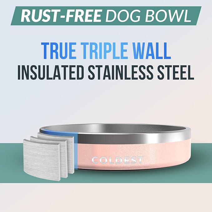 Coldest Dog Bowl - Anti Rust Metal, Non Slip, 3 Layers Insulated Stainless Steel Dog Bowls - Spill Proof & Heavy Duty - Water Bowl for Dogs, Cats & Pets, Dish Washer Safe (21 oz, Forever Pink Glitter)