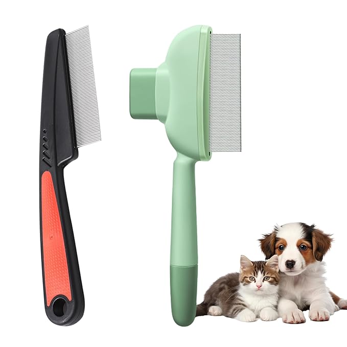 2PCS Flea Comb for Dogs & Cats,flea Comb for Cats with Release Button Self-Cleaning,lice comb for Shedding Pet Hair