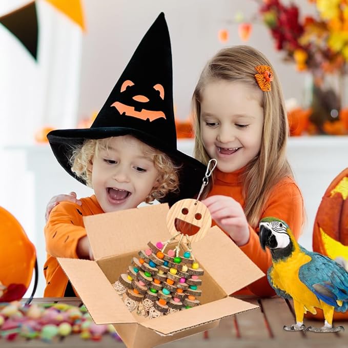Large Parrot Toys, Multi-Color Wooden Block with Halloween Shape Bird Chewing Toy for Macaws, Cockatoos, African Grey and Large Medium Parrot Birds