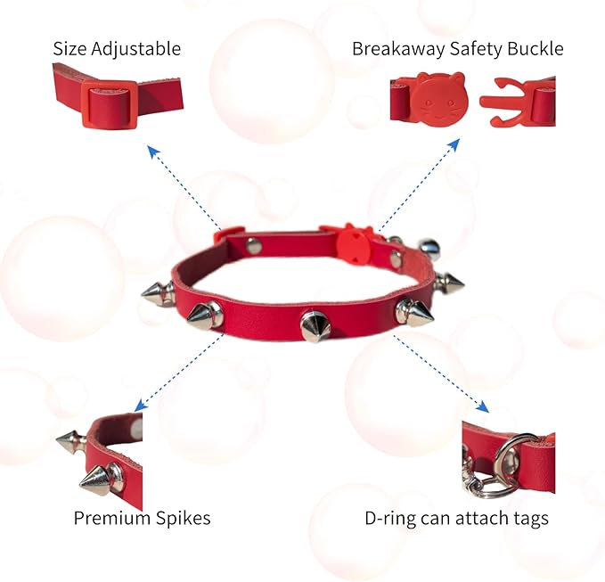 Spiked Cat Collar with Bells, Breakaway Genuine Leather Protective Collar for Kitty, Studs Spikes Punk Style Adjustable for Girl Boy Kittens Small Bunny Rabbit, 10"-12" Red