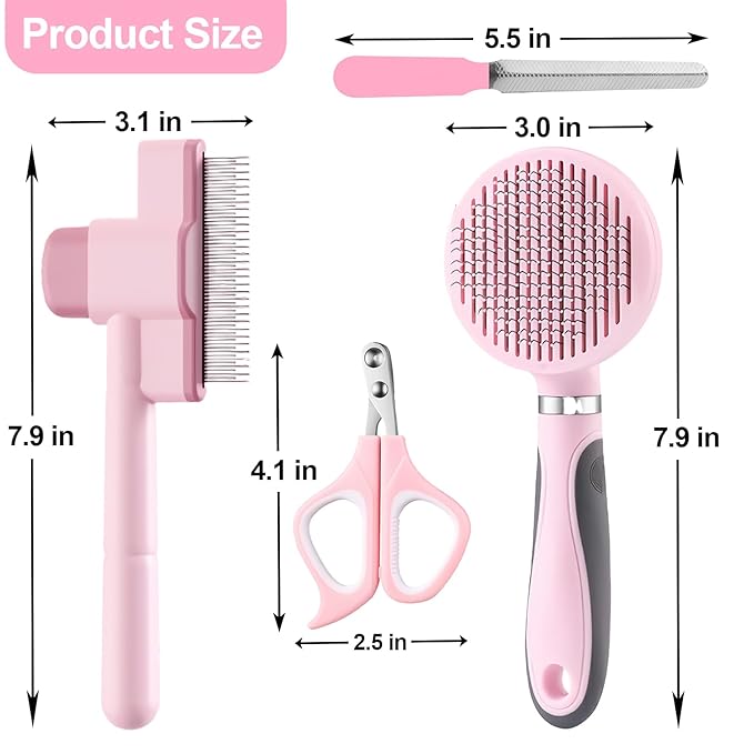 Cat Grooming Kit, 4-in-1 Cat Grooming Tools with Cats Brush, Flea Comb, Nail Clipper & Trimmer - Deshedding & Dematting for Pets Hair and Paws, Pet Shedding Set for Indoor Dogs & Cats (Pink)