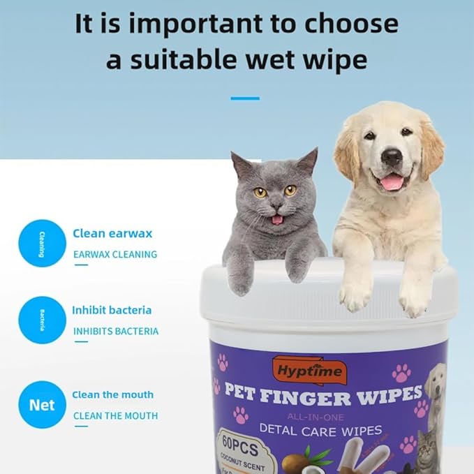 Pet Teeth Cleaning Finger Wet Wipes for Dogs and Cats Easy Oral Care Ear Eye Soft Disposable Wipe Dog Cat Toothbrush Cleaner Safe Non-Irritating Grooming Kit Care 60 Counts