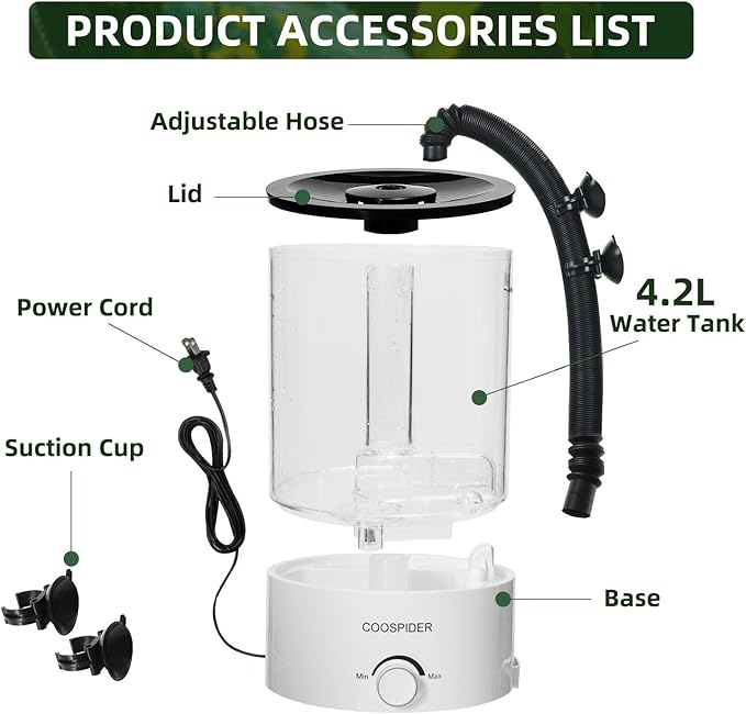 Coospider 4.2L Top Fill Reptile Humidifier, Fogger Mister for Reptiles Tank, Terrariums Humidifiers with Extended Hose/Tube, Automatic Reptile Misting System for Reptiles Amphibians Herps Vivarium