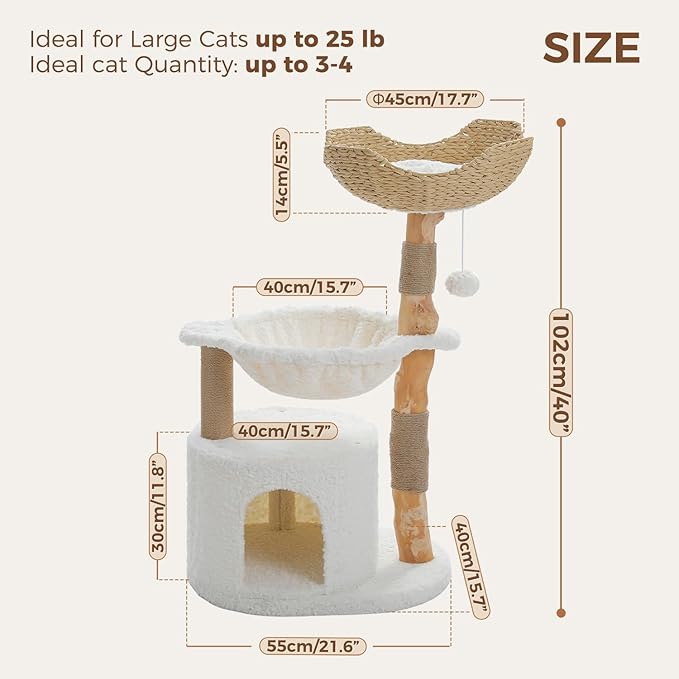 PAWZ Road Modern Cat Tree with Natural Solid Wood Scratching Post, 40 Inches Cat Tower with Spacious Wicker Basket,Large Hammock,Luxury Condo for Indoor Cats