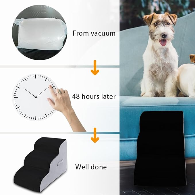 High Density Foam Dog Stairs Steps, Non-Slip Extra Wide Deep Pet Steps for Beds Or Couches, for Injured or Older Pets Dogs and Cats with Joint Pain (3-Tiers (Black))