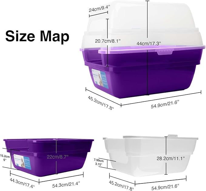 Petfamily Cat Litter Box, Large Foldable Jumbo Hooded Cat Litter Box with Transparent Lid (Purple)