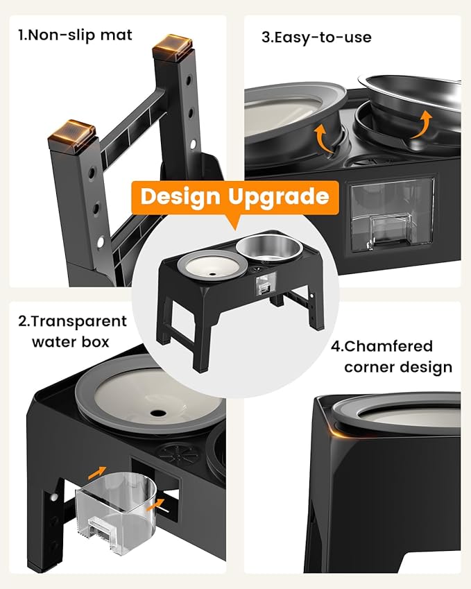 Elevated Dog Bowls, Raised Bowl Stand with No Spill Slow Water Feeder & Stainless Steel Food Dish, Adjustable Feeding Station for Small Medium Large Dogs