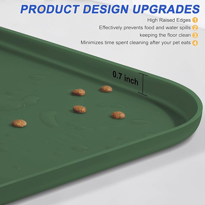 Silicone Pet Feeding Mat with Raised Edge for Food and Water, Dog Bowl Mats, Cat Bowls Placemat with High Lip for Floor Waterproof, Rubber Tray for Cats and Dogs 19 x 12 x0.7 Dark Olive