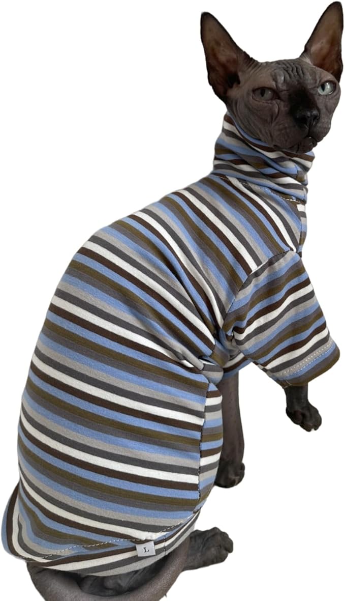 Vintage Stripes Sphynx Hairless Cats Shirt Cotton Cat Turtleneck Pet Clothes Kitten T-Shirts with Sleeves for Sphynx Cats (Storm, X-Large)