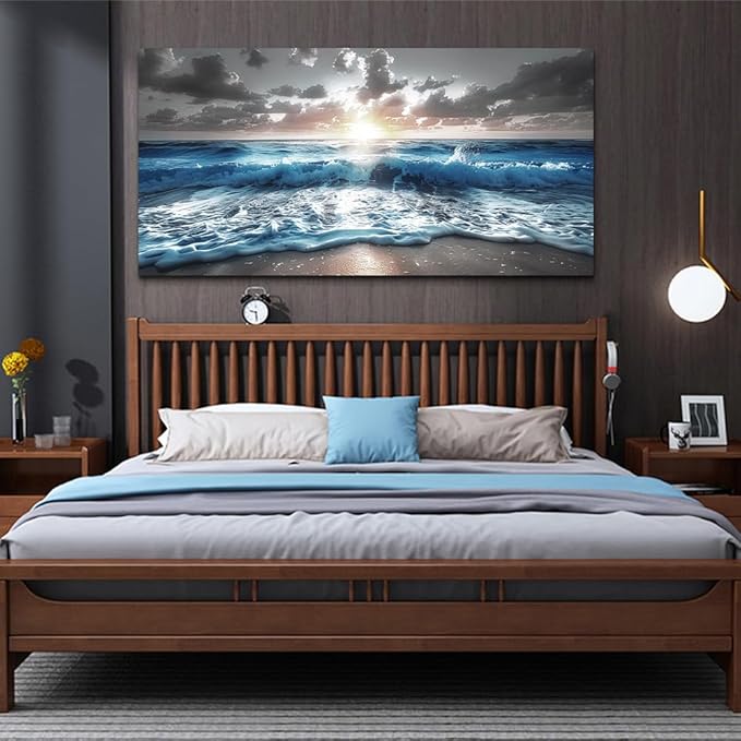 hyidecorart Large Wall Art For Living Room Modern Wall Decor For Office Blue Beach Painting Sea Waves Sunshine Wall Pictures Bedroom Home Decoration Prints Posters Mural Artwork Ready To Hang 60x30