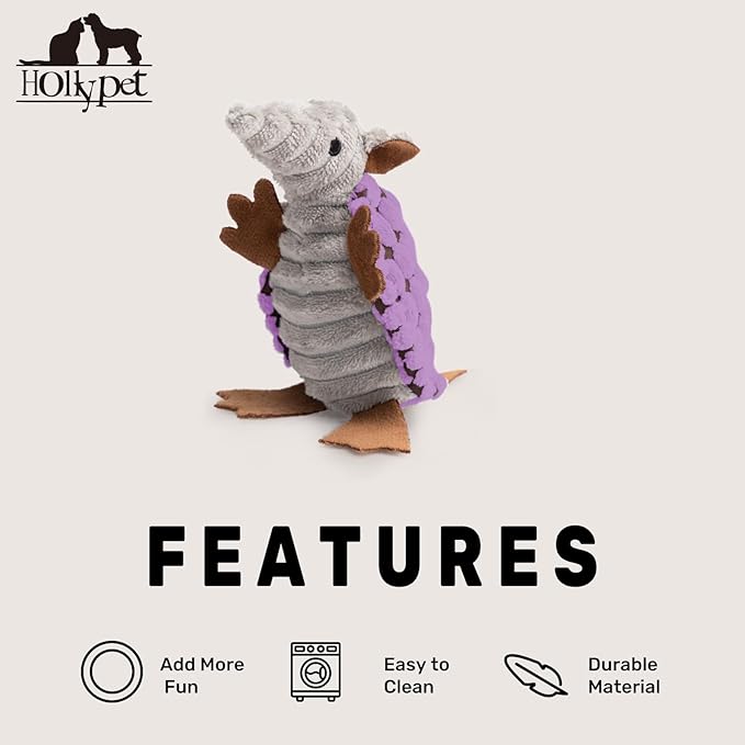 Hollypet Plush Dog Squeaky Toy Stuffed Armadillo Animal Pet Puppy Chew Toys with Clean Teeth for Small Medium Large All Breed Sizes Dogs, Purple, 6 in