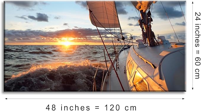 Yacht Sailing in Sea at Sunset Scenery Canvas Wall Art for Living Room Bathroom,Close-up View of Deck Mast Sails Picture Print Artwork Painting Decor,Epic Seascape Scenic Landscape,Inner Frame 24x48