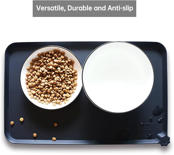 Hoki Found Silicone Pet Food Mats Tray - Non Slip Pet Bowl Mats Placemat - Dog Cat Feeding Mat - Waterproof Dog Food Mats -Pet Water Mats for Floors -Black