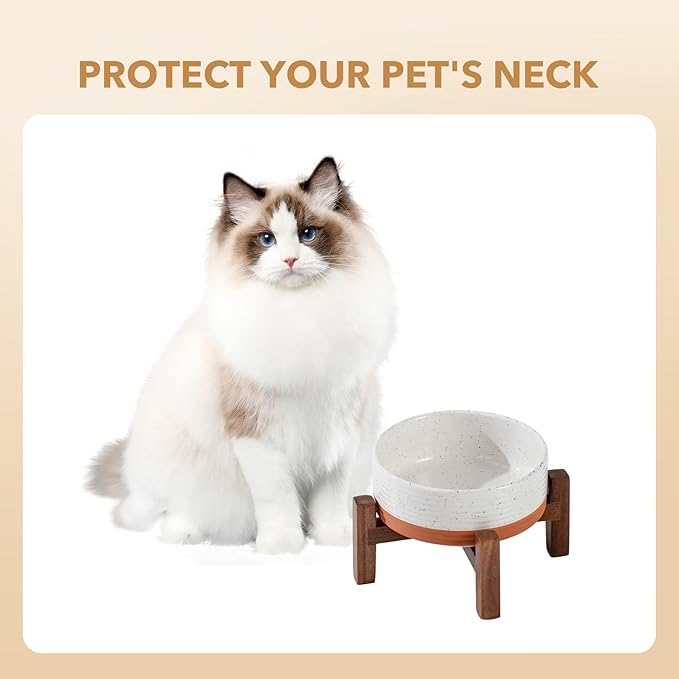 Ceramic 5.1inch Raised Dog and Cat Bowl Set, 2 Heights Elevated Wooden Stand for Puppy, Kitty, Cats, Weighted Pet Food and Water Dishes(5.1'',13.5oz, Vanilla White)
