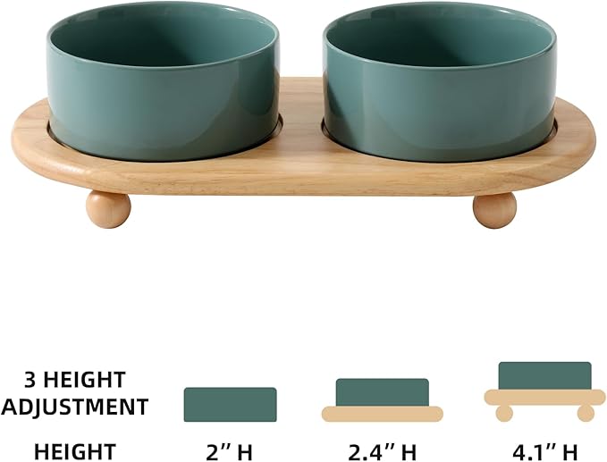 Ceramic Elevated Dog Bowls, Food and Water Bowls for Dogs, Puppy, Raised Dog Dish, Pet Feeder(6inch, 2 x Dark Green + Stand)