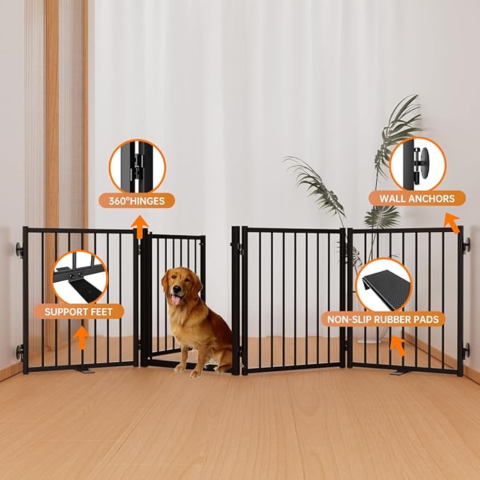 Full Metal Freestanding Dog Gate with Door, 24'' Height Foldable Pet Dog Fence for Indoor & Outdoor, 4 Panels Extra Wide Free Standing SmallDog Gates for Doorways,House,Stairs,Porch,Deck,Yard