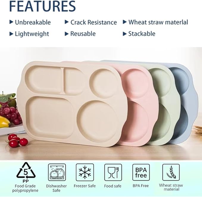 12 Inch Divided Plates4 PCS - Reusable Unbreakable Wheat Straw Plates, Dinnerware Lunch Tray Plates Tableware for Kitchen, Picky Eaters, Campers and Portion Control (Blush)