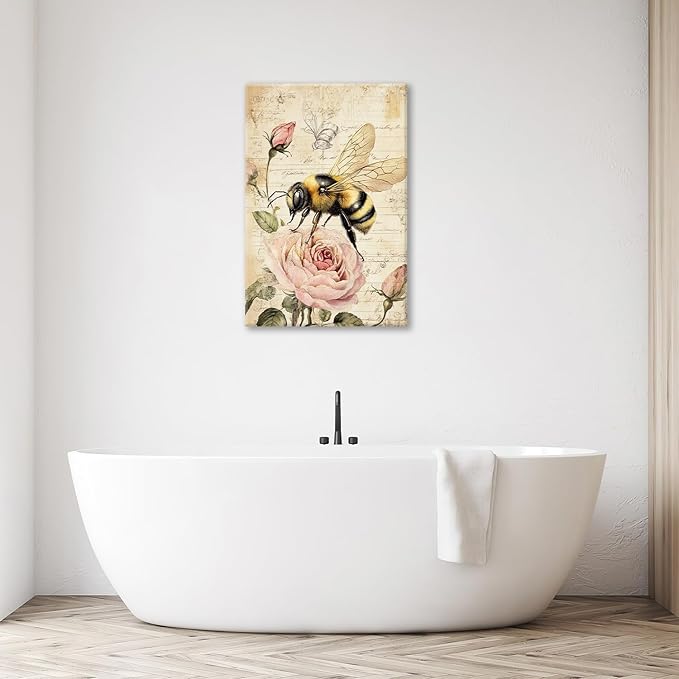 Rustic Bee Bathroom Pictures Wall Art, Vintage Floral Bathroom Wall Decor, Pink Rose Flower Framed Painting Canvas Artwork for Bedroom Living Room Decorations 24"L x 16"W