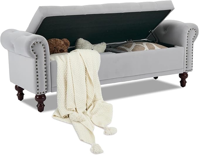 Storage Bench Upholstered Velvet End of Bedroom Bed Bench Ottoman with Tufted Cushioned Rolled Arm Large Storage Space for Reading Living Room Entryway, Light Grey