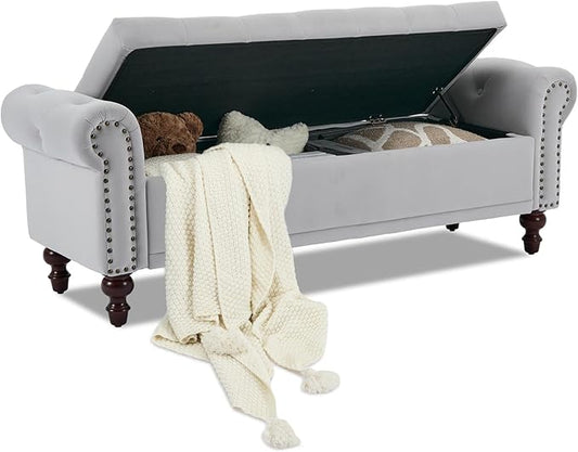 Storage Bench Upholstered Velvet End of Bedroom Bed Bench Ottoman with Tufted Cushioned Rolled Arm Large Storage Space for Reading Living Room Entryway, Light Grey