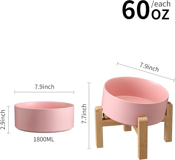 Pink Elevated/Raised 15°Tilted Anti Slip Ceramic Dog Bowl for Medium & Large Breeds,Slanted Bulldog Big Face Pet Food Water Feeding Dish with Stand (7.6 Cups/60OZ)