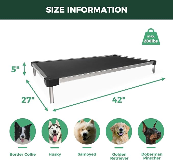 FXW TitanNest Chew-Proof Elevated Dog Bed, Raised Cot for Indoor/Outdoor/Camping Use, Durable & Waterproof Cooling Pet Bed for Medium Dogs, 42.0" L x 27.0" W x 5.0" H, Black