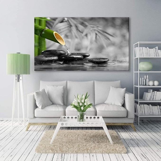Yxbhhym Black and White Zen Canvas Wall Art Green Room Décor Stone Meditation Painting Zen Poster Prints Large Pictures for Living Room Wall Decoration Office Bedroom Wall Décor Framed Art