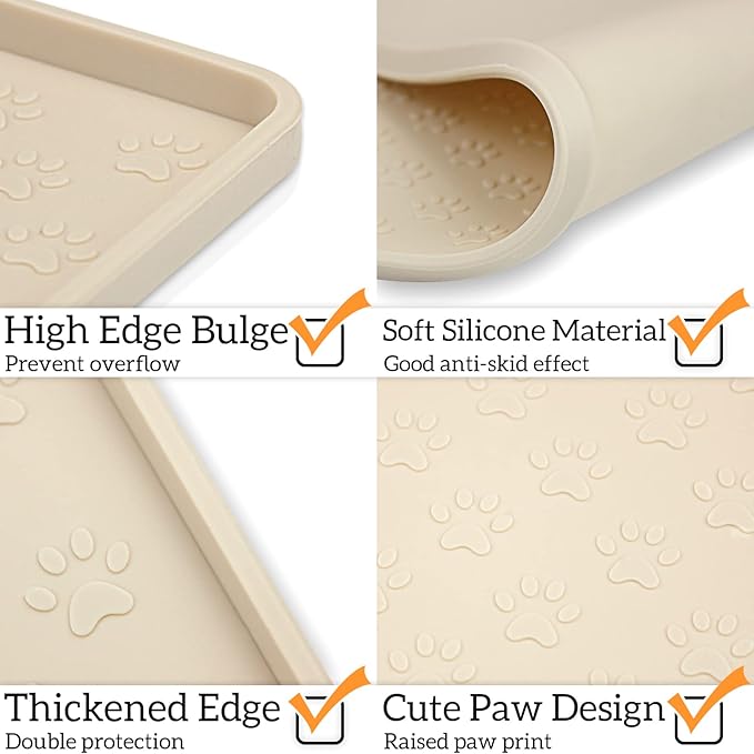 Ptlom Pet Placemat for Dog and Cat, Waterproof Non-Slip Silicone Feeding Bowl Mat Prevent Food and Water Overflow, Puppy Dish Feeder Fountain Trays Suitable for Medium and Small Pets, Beige