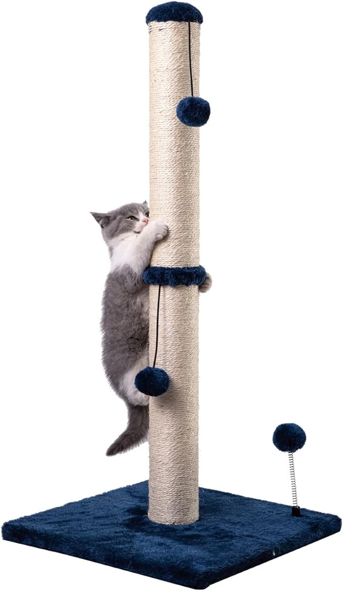 MECOOL 34“ Tall Cat Scratching Post Premium Basics Kitten Scratcher Sisal Scratch Posts Trees with Hanging Ball for Indoor Cats, Navy