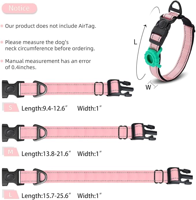 JSXD AirTag Dog Collar, Night Reflective Nylon Dog Collar for Small Medium Large Dogs,Lockable Quick Release Buckle,Padded Breathable Pet Collar with AirTag Holder (Pink, Large)