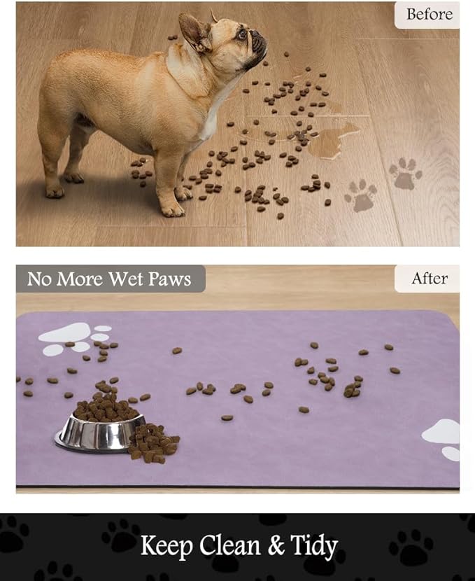 Pet Feeding Mat-Absorbent Dog Mat for Food and Water Bowl-No Stains Quick Dry Water Dispenser Mat-Dog Accessories Pet Supplies-Bowl for Messy Drinkers(Purple,12"x19"