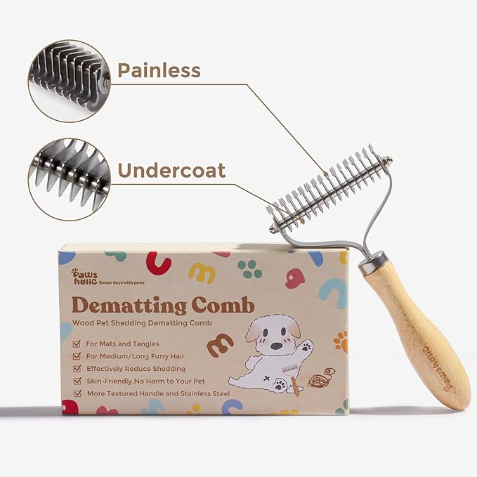 Undercoat Rake for Dogs - Professional Pet Shedding Dematting Comb with Wood Handle, Stainless Steel Blades for Pet Cats Dogs Matted Hair Tangles Removing