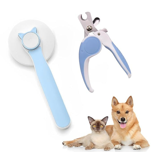 2PCS Pet Grooming Kit, Cat Brushes & Cat Nail Clipper, Cat Grooming Brush for Sedding and Grooming Fur(Blue)