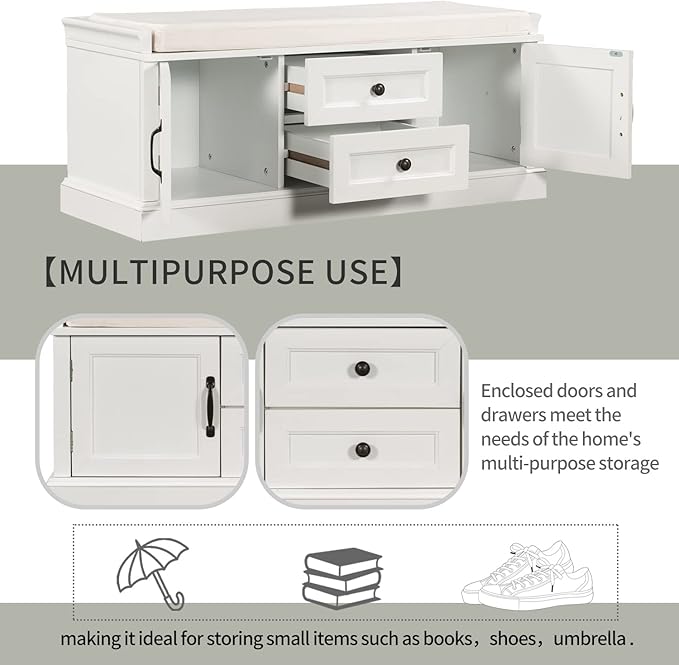 Storage Bench with 2 Drawers and 2 Cabinets, Pine Wood Shoe Bench with Removable Cushion for Living Room, Entryway 42.5" L x 15.9" W x 17.5" H (White)