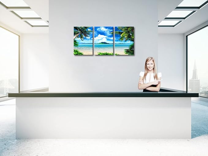 Wieco Art 3 Piece Blue Sea Beach Canvas Prints Modern Stretched Wall Art Seascape Pictures Paintings for Living Room Bedroom Home Decorations Modern Landscape Artwork