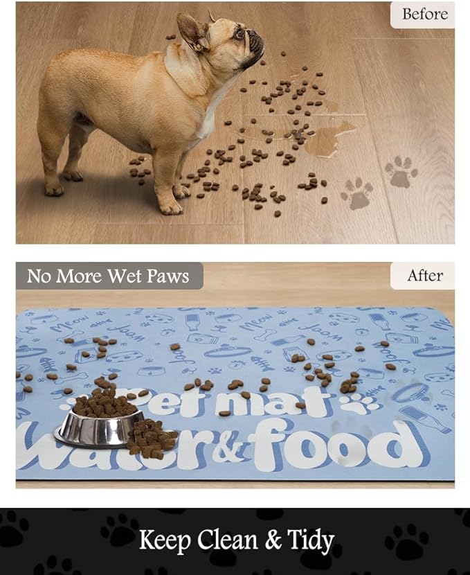 Pet Feeding Mat-Absorbent Dog Mat for Food and Water Bowl-No Stains Quick Dry Water Dispenser Mat-Dog Accessories Pet Supplies-Bowl for Messy Drinkers(PAW,17"x34"