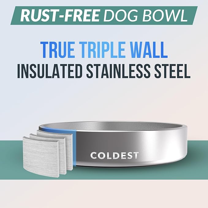 Coldest Dog Bowl - Anti Rust Metal, Non Slip, 3 Layers Insulated Stainless Steel Dog Bowls - Spill Proof & Heavy Duty - Water Bowl for Dogs, Cats, Dish Washer Safe (21 oz, Polished Stainless Steel)