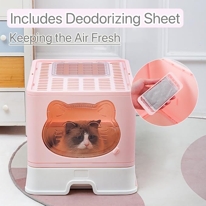 Top Entry Cat Litter Box with Lid, Anti-Splash Foldable Cat Litter Box with Activated Carbon Keeping Air Fresh, Drawer Type Easy to Clean, Large (Grey)