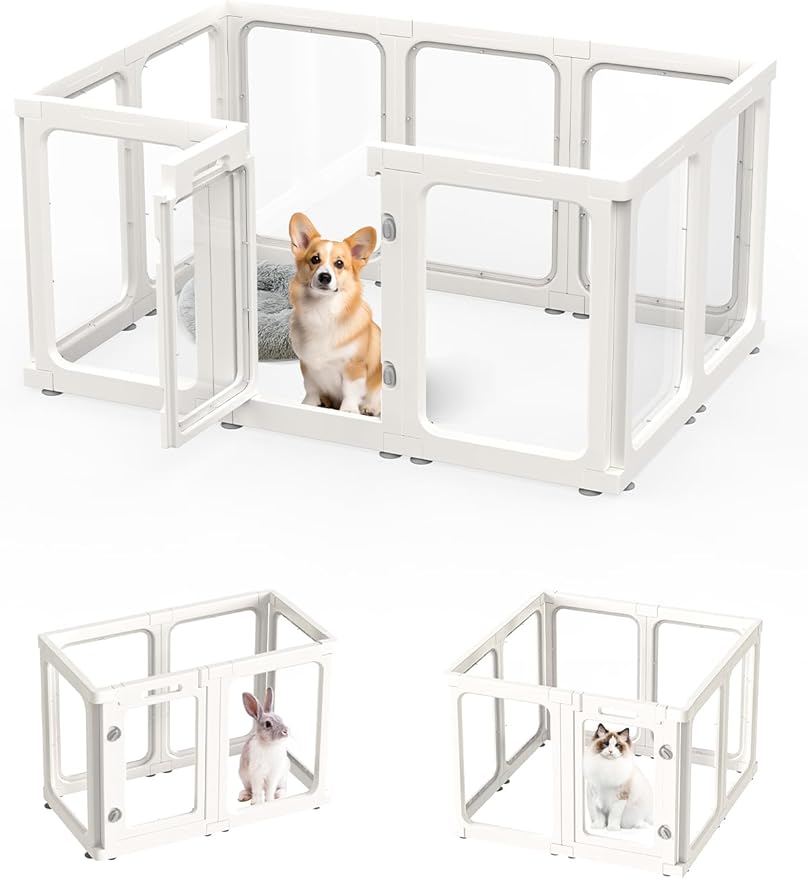 Dog Playpen, Clear Acrylic Plastic Puppy Playpen Indoor, Pet Pen for Puppy Cat Bunny, Transparent Easy Assemble Foldable Whelping Box for Dogs, Puppy Playpen with Gate (23.6" Height, 10PCS)