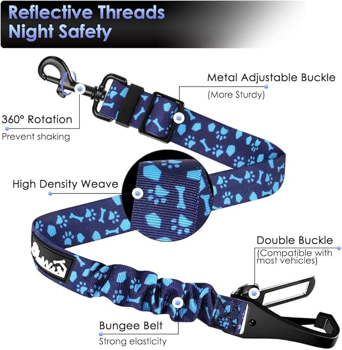 SlowTon Dog Seat Belt, Adjustable Dog Safety Belt Leash, 2 in 1 Latch Bar Attachment Dogs Car Seatbelt with Elastic Nylon Bungee Buffer, Reflective Nylon Belt Tether Connect (BL Dog Paw)