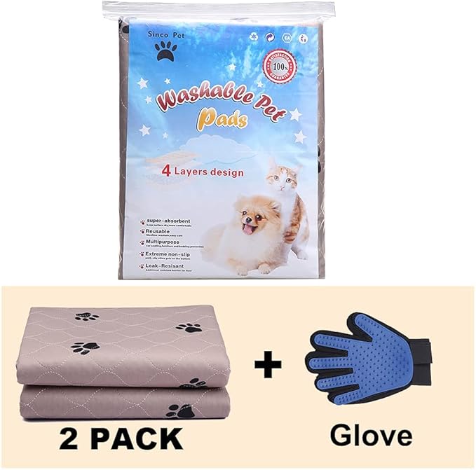 SincoPet Washable Dog Pee Pads with Puppy Grooming Gloves,Puppy Pads,Reusable Pet Training Pads,Large Dog Pee Pad,Waterproof Pet Pads for Dog Bed Mat,Super Absorbing Whelping Pads