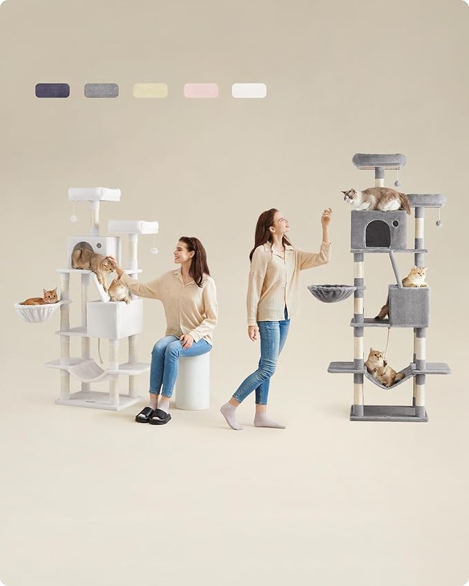 Feandrea Cat Tree, 81.1-Inch Large Cat Tower with 13 Scratching Posts, 2 Perches, 2 Caves, Basket, Hammock, Pompoms, Multi-Level Plush Cat Condo for Indoor Cats, Cream White UPCT190T01